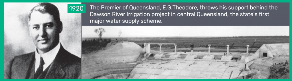 1920 - The Premier of Queensland, E.G.Theodore, throws his support behind the Dawson River Irrigation project in central Queensland, the state’s first major water supply scheme.