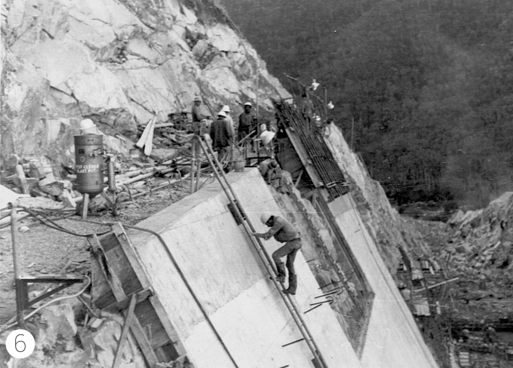 Eungella Dam Hazardous work on spill way wall circa 1966