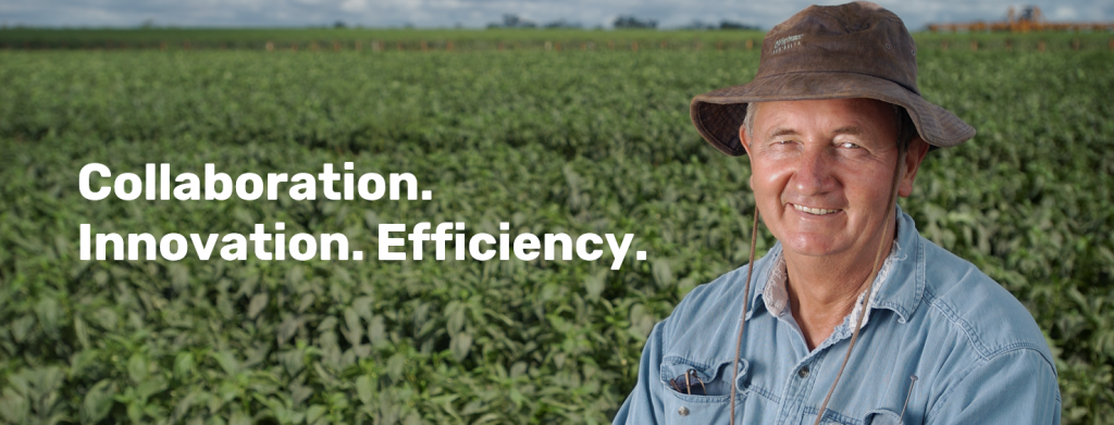 Person in front of crops. Text displayed: Collaboration. Innovation. Efficiency.