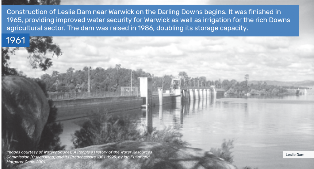 1961 - Construction of Leslie Dam near Warwick on the Darling Downs begins. It was finished in 1965, providing improved water security for Warwick as well as irrigation for the rich Downs agricultural sector. The dam was raised in 1986, doubling its storage capacity.