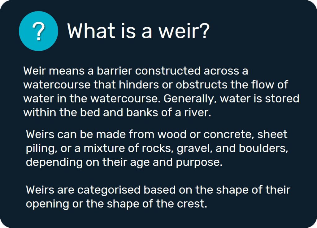 What is a weir? Weir means a barrier constructed across a watercourse that hinders or obstructs the flow of water in the watercourse. Generally, water is stored within the bed and banks of a river. Weirs can be made from wood or concrete, sheet piling, or a mixture of rocks, gravel, and boulders, depending on their age and purpose.  Weirs are categorised based on the shape of their opening or the shape of the crest.
