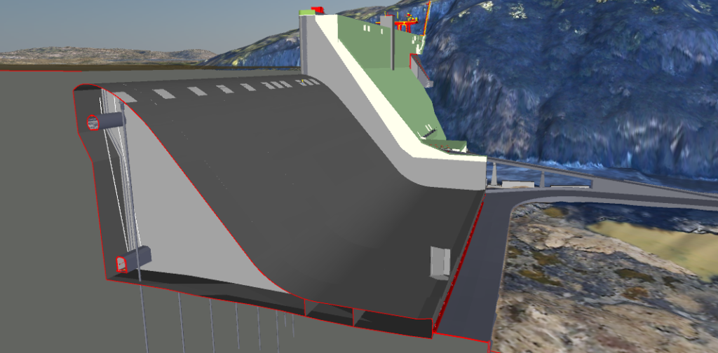 Preliminary design – Spillway anchoring (in grey) and abutment raising (in white) - for illustrative purposes only.