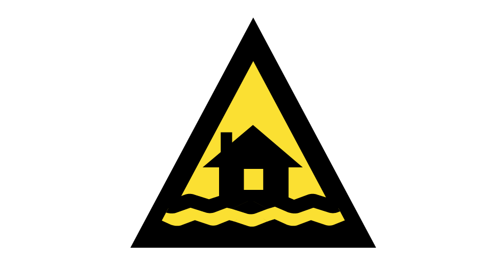 Yellow warning triangle with house and floodwaters