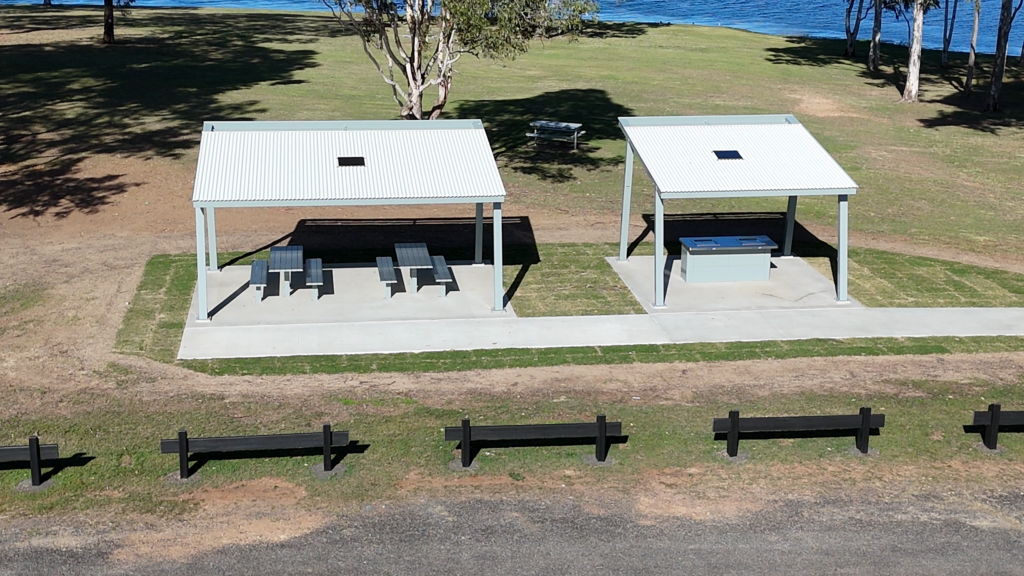 A drone picture of the bbq and table sitting area at Bjelke-Petersen Dam recreation area.