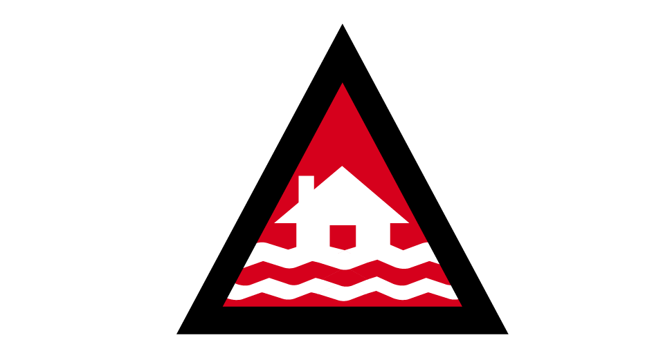 Red warning triangle with house and floodwaters