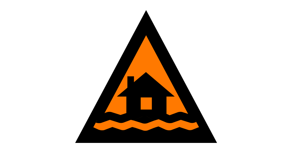 Orange warning triangle with house and floodwaters